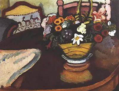 Still Life with Pillow with Deer Decor and a Bouquet August Macke